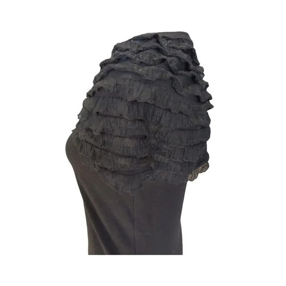 Eryn Brinie Black V-Neck Knit Knee Length Ruffle Puff Sleeve Sheath Dress Size M - Picture 7 of 10